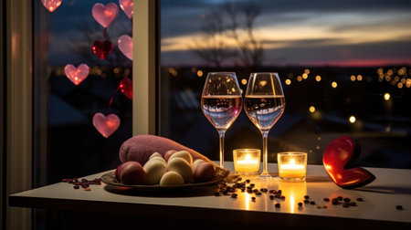 Two glasses of champagne and a plate of cookies on a window sill with a view of the cityの素材