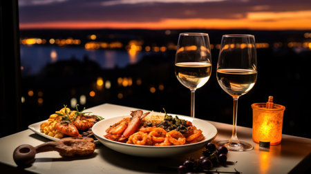 Seafood dinner on a terrace with two glasses of white wineの素材