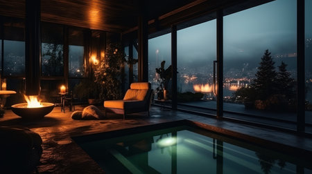 3d rendering of a cozy living room with a view of the cityの素材