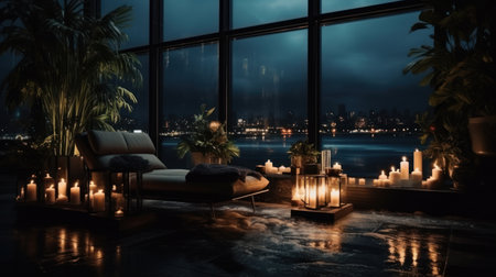 Luxury living room with night view. 3D rendering.の素材