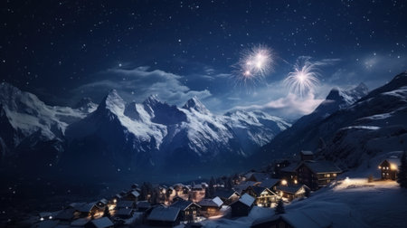 Fireworks over the village at night in the mountains. Winter landscapeの素材