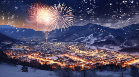 Fireworks over the village at night in the mountains. Winter landscapeの素材