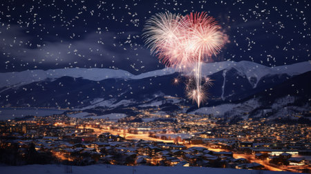 Fireworks over the village at night in the mountains. Winter landscapeの素材