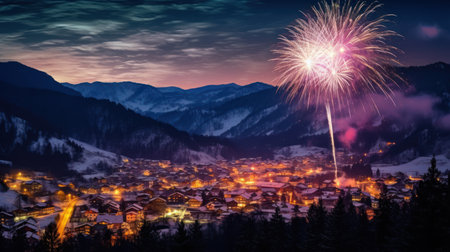 Fireworks over the village at night in the mountains. Winter landscapeの素材