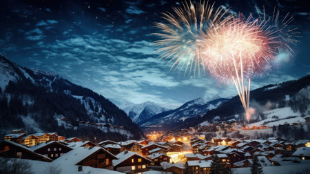 Fireworks over the village at night in the mountains. Winter landscapeの素材