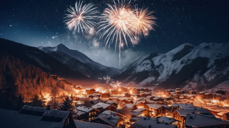 Fireworks over the village at night in the mountains. Winter landscapeの素材