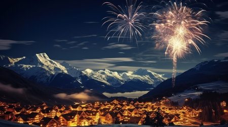 Fireworks over the village at night in the mountains. Winter landscapeの素材