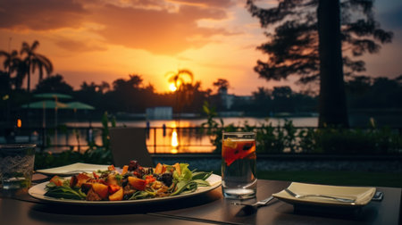 Dinner in the garden with a view of the river and sunsetの素材