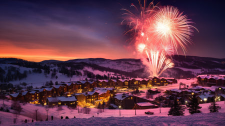 Group of people watching fireworks in the sky with mountain background at nightの素材