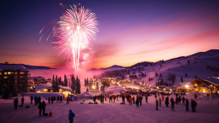 Group of people watching fireworks in the sky with mountain background at nightの素材