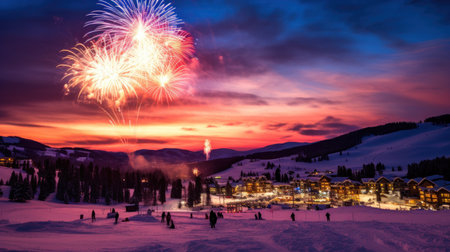 Group of people watching fireworks in the sky with mountain background at nightの素材