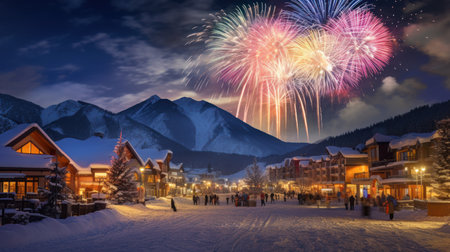 Group of people watching fireworks in the sky with mountain background at nightの素材
