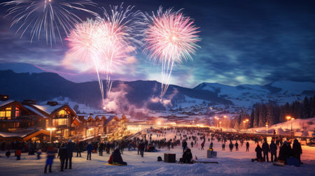 Group of people watching fireworks in the sky with mountain background at nightの素材