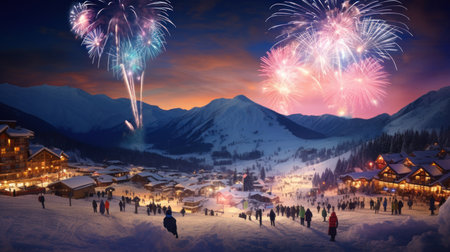 Group of people watching fireworks in the sky with mountain background at nightの素材