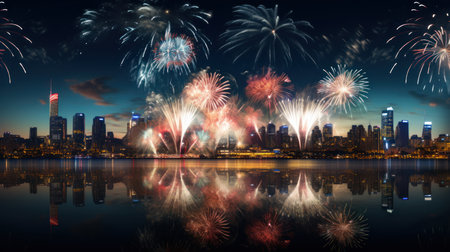 Colorful fireworks over city, beautiful nightの素材
