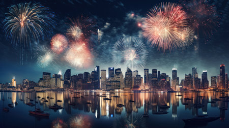 New York City skyline with fireworks and reflection on water, USA.の素材