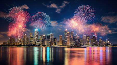 Fireworks show in bangkok thailand cityscape with reflection on the waterの素材