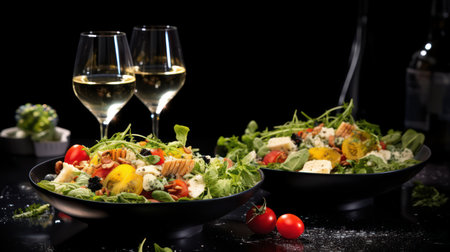 Caesar salad with two glasses of white wine on a black backgroundの素材