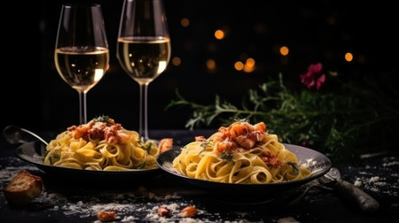 Two glasses of white wine with carbonara paste on dark background.の素材