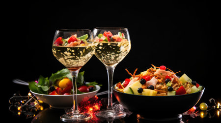 two glasses of wine with fruit salad on black background, christmas decorationの素材