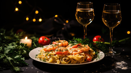 Pasta with shrimps and tomatoes on a black background.の素材