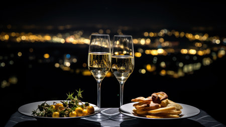 Two glasses of white wine with appetizer on the table with view of the cityの素材