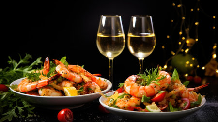Shrimps with prawns and vegetables on a black background.の素材