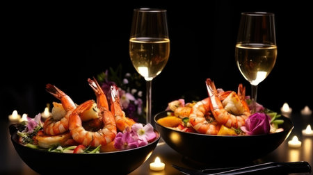 Shrimps with a glass of white wine on a black backgroundの素材