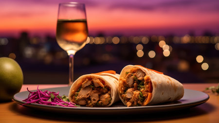 Tortilla wrap with chicken meat and vegetables served with a glass of white wine.の素材
