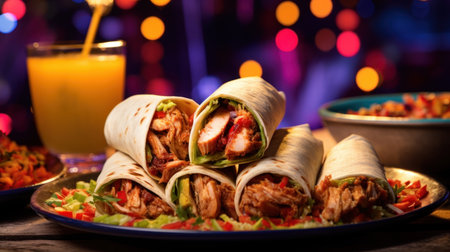 Mexican burritos with chicken meat and vegetables on wooden tableの素材