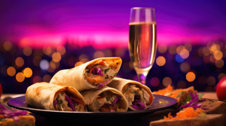 Tortilla wrap with meat and vegetables served with glass of champagne.の素材