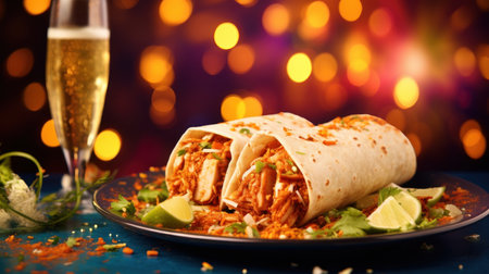 Tortilla wrap with meat and vegetables served with a glass of champagneの素材