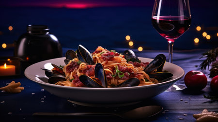 Pasta with mussels and parmesan cheese on a dark blue background. Selective focus.の素材
