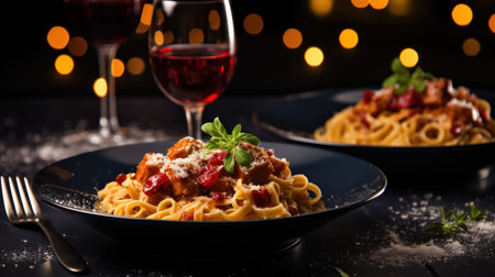 Spaghetti with meat, tomato sauce and parmesan on black backgroundの素材