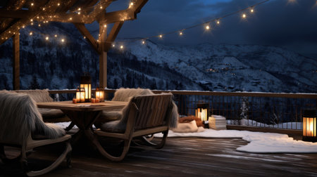 Night view of a cozy terrace with wooden furniture, covered with snow in the mountainsの素材