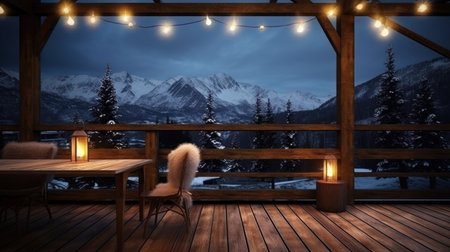 Wooden terrace with a view of the mountains. 3d renderingの素材