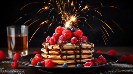 Stack of pancakes with raspberries and blueberries on black plateの素材