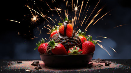Chocolate cake with strawberries on a dark background with sparks and fireworkの素材