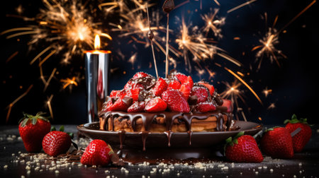 Strawberry cake with chocolate and sparklers on a black backgroundの素材