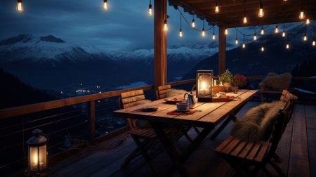 Wooden terrace with a view on the mountains at night.の素材
