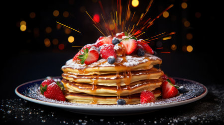 Pancakes with fresh berries and maple syrup on a black backgroundの素材