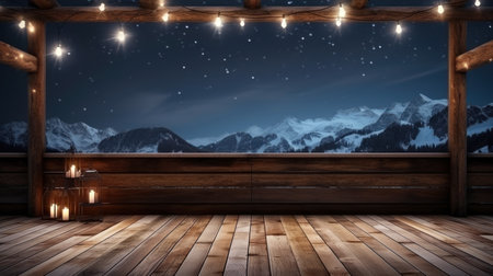 Wooden terrace with christmas lights and snowy mountains at nightの素材