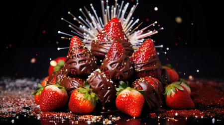strawberries and chocolate on a black background close-up.の素材