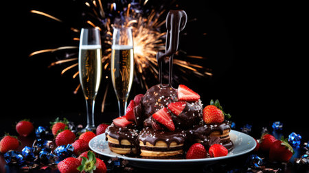 strawberry and chocolate waffles with champagne on a black backgroundの素材
