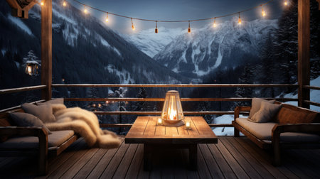 Wooden terrace in the mountains at night. 3d renderingの素材