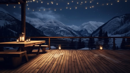 Wooden terrace in the mountains at night. 3d renderingの素材