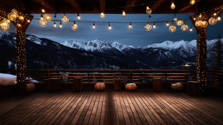Wooden terrace with Christmas lights and mountains in the background.の素材