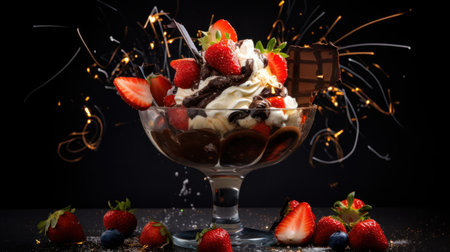 Ice cream sundae with strawberries and chocolate on a black background.の素材