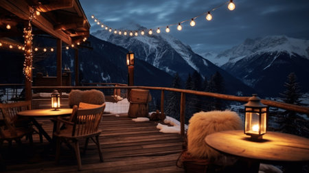 Restaurant in the mountains. Wooden terrace with a lantern on the background of snow-capped mountainsの素材