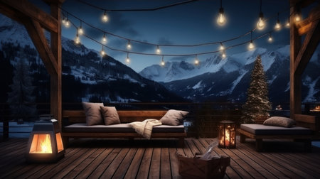 Wooden terrace with fireplace and christmas tree at night.の素材